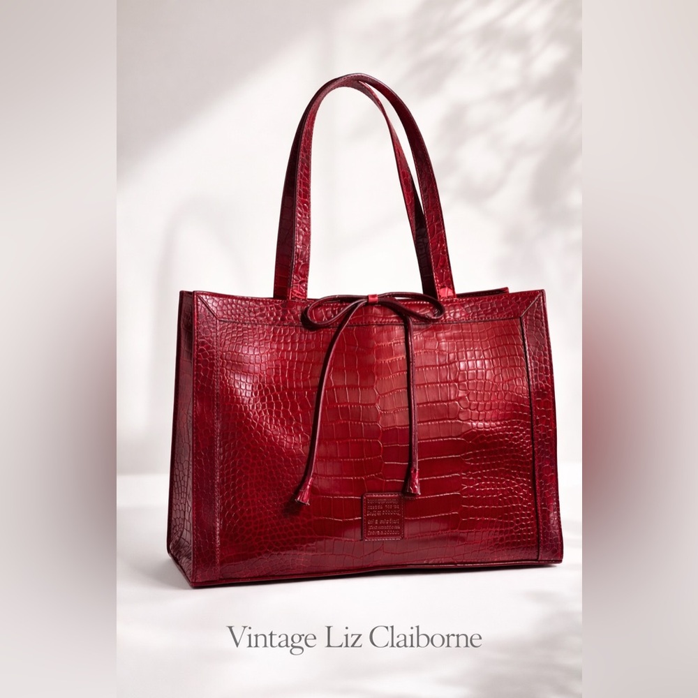 Vintage Liz Claiborne Y2K Red Crocodile-Embossed Tote Bag-Structured ShoulderBag